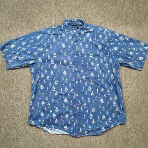 Vintage NAUTICA Button Up Shirt Men's Large Blue Sail Boats All Over Print USA